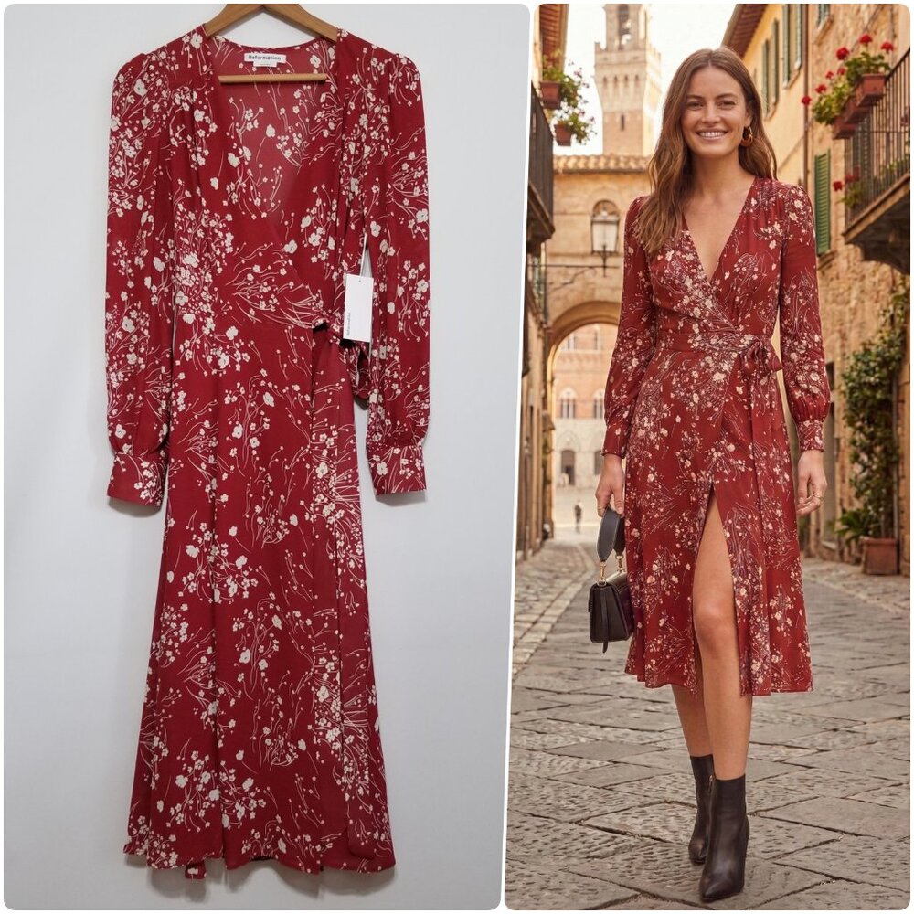 NWT Reformation Susanna Wrap Midi Dress Bryce Red White Floral Size XS $248